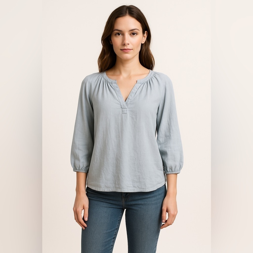 Max Studio Blouse Shirt Women Peasent Boho Beigeish Blue   3/4 Sleeve Silk XS